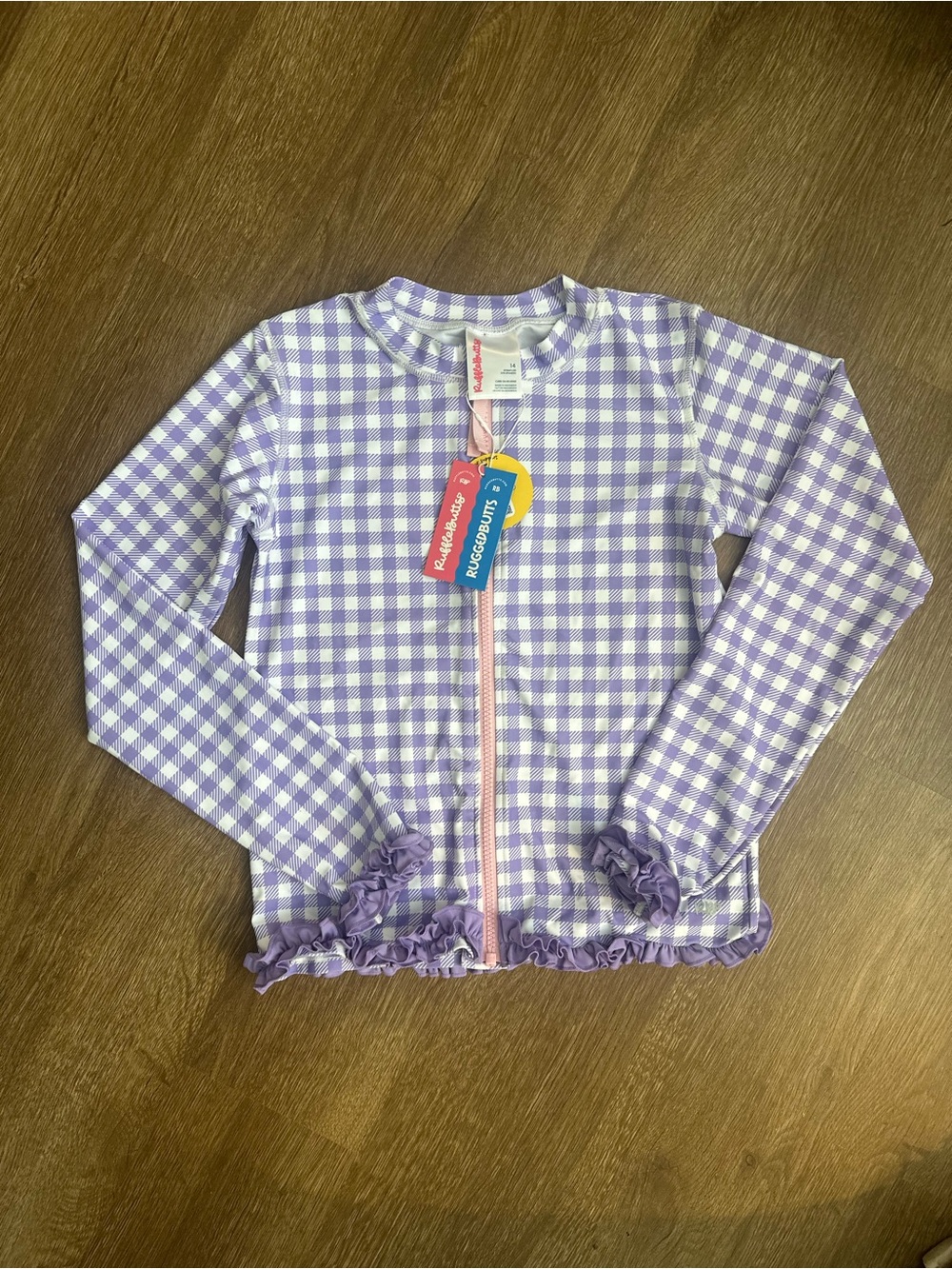 NWT-RuffleButts Girls Purple Gingham Full Zip Swim Jacket.